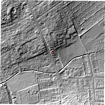Shaded relief map of the ground around OX44DP, computed from Environment Agency LiDAR. The ground here sits at about 59 m above sea level and falls 9 m across the surrounding 800 m. Surface water reaching this point runs off ground lying to the north, 6.2 m higher.