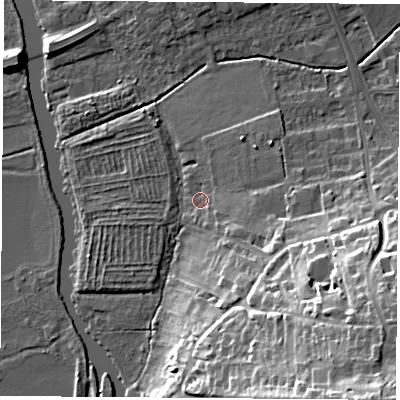 Shaded relief map of the ground around OX44ED, computed from Environment Agency LiDAR. The ground here sits at about 57 m above sea level and falls 31 m across the surrounding 800 m. Surface water reaching this point runs off ground lying to the east-south-east, 12.7 m higher.