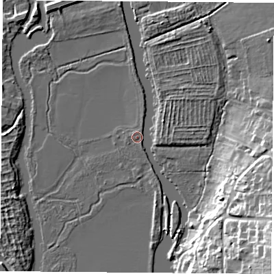 Shaded relief map of the ground around OX44EL, computed from Environment Agency LiDAR. The ground here sits at about 55 m above sea level and falls 23 m across the surrounding 800 m. Surface water reaching this point runs off ground lying to the south-east, 22.1 m higher.