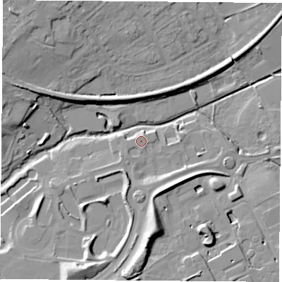 Shaded relief map of the ground around OX44GA, computed from Environment Agency LiDAR. The ground here sits at about 60 m above sea level and falls 17 m across the surrounding 800 m. Surface water reaching this point runs off ground lying to the south-west, 1.5 m higher.