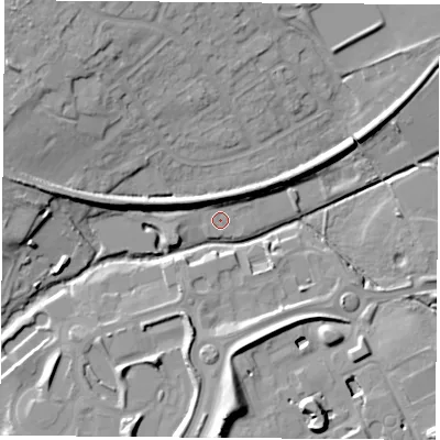 Shaded relief map of the ground around OX44GD, computed from Environment Agency LiDAR. The ground here sits at about 58 m above sea level and falls 17 m across the surrounding 800 m. Surface water reaching this point runs off ground lying to the north-west, 6.7 m higher.
