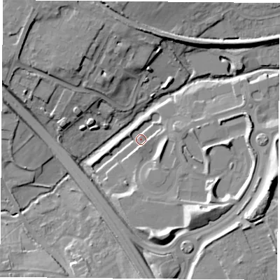 Shaded relief map of the ground around OX44GE, computed from Environment Agency LiDAR. The ground here sits at about 58 m above sea level and falls 17 m across the surrounding 800 m. Surface water reaching this point runs off ground lying to the south-east, 12.5 m higher.