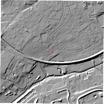 Shaded relief map of the ground around OX44LZ, computed from Environment Agency LiDAR. The ground here sits at about 64 m above sea level and falls 19 m across the surrounding 800 m. Surface water reaching this point runs off ground lying to the north-west, 8.8 m higher.