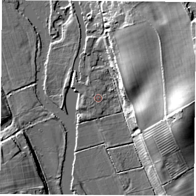 Shaded relief map of the ground around OX44YA, computed from Environment Agency LiDAR. The ground here sits at about 54 m above sea level and falls 25 m across the surrounding 800 m. Surface water reaching this point runs off ground lying to the west, 0.5 m higher.