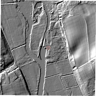 Shaded relief map of the ground around OX44YB, computed from Environment Agency LiDAR. The ground here sits at about 54 m above sea level and falls 23 m across the surrounding 800 m. Surface water reaching this point runs off ground lying to the east-south-east, 2.7 m higher.