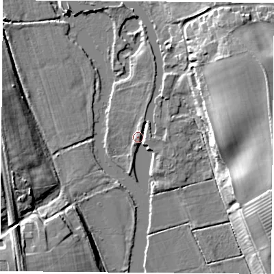 Shaded relief map of the ground around OX44YD, computed from Environment Agency LiDAR. The ground here sits at about 55 m above sea level and falls 15 m across the surrounding 800 m. Surface water reaching this point runs off ground lying to the east, 2.6 m higher.