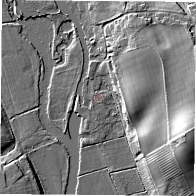 Shaded relief map of the ground around OX44YE, computed from Environment Agency LiDAR. The ground here sits at about 54 m above sea level and falls 25 m across the surrounding 800 m. Surface water reaching this point runs off ground lying to the north-west, 1.2 m higher.