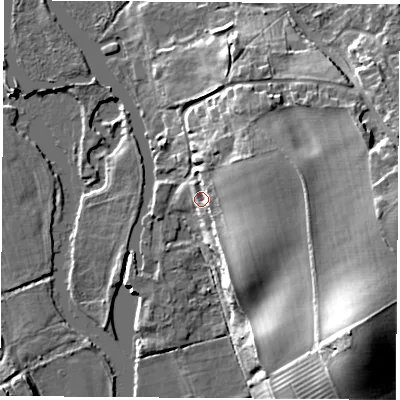 Shaded relief map of the ground around OX44YF, computed from Environment Agency LiDAR. The ground here sits at about 57 m above sea level and falls 25 m across the surrounding 800 m. Surface water reaching this point runs off ground lying to the east-north-east, 7.8 m higher.