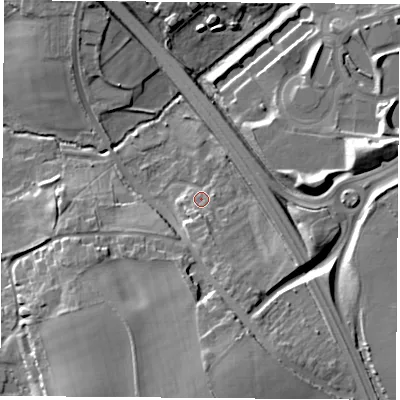 Shaded relief map of the ground around OX44YL, computed from Environment Agency LiDAR. The ground here sits at about 59 m above sea level and falls 17 m across the surrounding 800 m. Surface water reaching this point runs off ground lying to the south, 4.4 m higher.