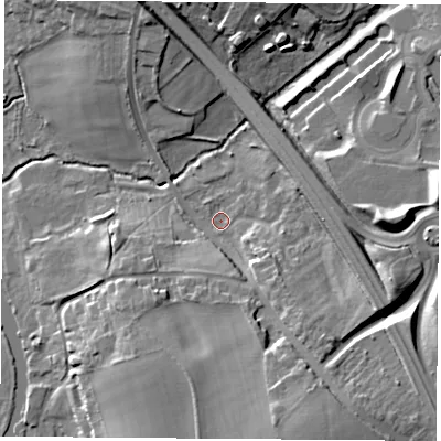 Shaded relief map of the ground around OX44YN, computed from Environment Agency LiDAR. The ground here sits at about 57 m above sea level and falls 17 m across the surrounding 800 m. Surface water reaching this point runs off ground lying to the south-south-east, 14.6 m higher.