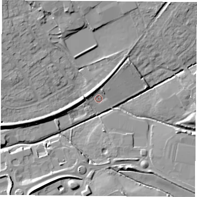 Shaded relief map of the ground around OX44YY, computed from Environment Agency LiDAR. The ground here sits at about 60 m above sea level and falls 13 m across the surrounding 800 m. Surface water reaching this point runs off ground lying to the north-east, 6.0 m higher.