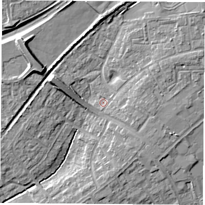 Shaded relief map of the ground around OX46AA, computed from Environment Agency LiDAR. The ground here sits at about 63 m above sea level and falls 14 m across the surrounding 800 m. Surface water reaching this point runs off ground lying to the west-north-west, 8.1 m higher.