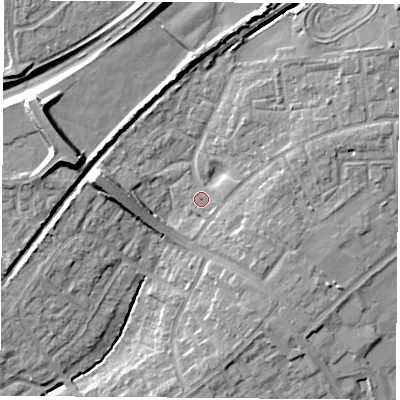 Shaded relief map of the ground around OX46AL, computed from Environment Agency LiDAR. The ground here sits at about 64 m above sea level and falls 14 m across the surrounding 800 m. Surface water reaching this point runs off ground lying to the north-north-east, 8.8 m higher.