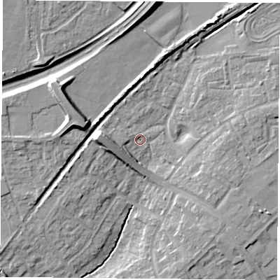 Shaded relief map of the ground around OX46AT, computed from Environment Agency LiDAR. The ground here sits at about 63 m above sea level and falls 15 m across the surrounding 800 m. Surface water reaching this point runs off ground lying to the west, 6.0 m higher.