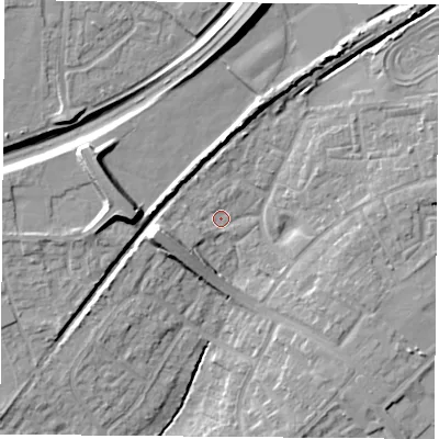 Shaded relief map of the ground around OX46AU, computed from Environment Agency LiDAR. The ground here sits at about 64 m above sea level and falls 16 m across the surrounding 800 m. Surface water reaching this point runs off ground lying to the west, 7.1 m higher.