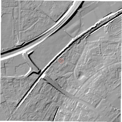 Shaded relief map of the ground around OX46AX, computed from Environment Agency LiDAR. The ground here sits at about 65 m above sea level and falls 16 m across the surrounding 800 m. Surface water reaching this point runs off ground lying to the north-north-west, 1.5 m higher.