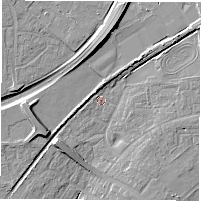 Shaded relief map of the ground around OX46AY, computed from Environment Agency LiDAR. The ground here sits at about 65 m above sea level and falls 16 m across the surrounding 800 m. Surface water reaching this point runs off ground lying to the north, 4.8 m higher.
