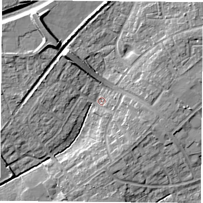 Shaded relief map of the ground around OX46DX, computed from Environment Agency LiDAR. The ground here sits at about 62 m above sea level and falls 15 m across the surrounding 800 m. Surface water reaching this point runs off ground lying to the north-west, 8.9 m higher.
