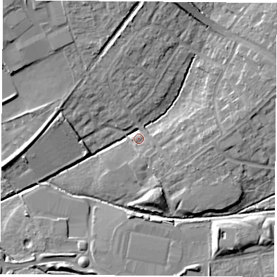 Shaded relief map of the ground around OX46EB, computed from Environment Agency LiDAR. The ground here sits at about 62 m above sea level and falls 12 m across the surrounding 800 m. Surface water reaching this point runs off ground lying to the south-east, 1.8 m higher.