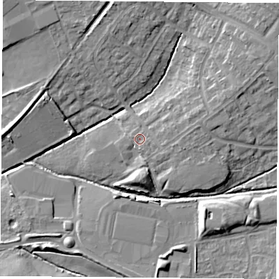 Shaded relief map of the ground around OX46EF, computed from Environment Agency LiDAR. The ground here sits at about 63 m above sea level and falls 11 m across the surrounding 800 m. Surface water reaching this point runs off ground lying to the east-south-east, 0.9 m higher.