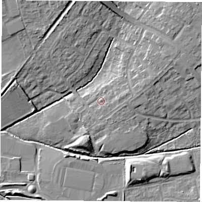 Shaded relief map of the ground around OX46EG, computed from Environment Agency LiDAR. The ground here sits at about 64 m above sea level and falls 10 m across the surrounding 800 m. Surface water reaching this point runs off ground lying to the south-east, 1.7 m higher.