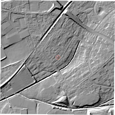 Shaded relief map of the ground around OX46EH, computed from Environment Agency LiDAR. The ground here sits at about 63 m above sea level and falls 16 m across the surrounding 800 m. Surface water reaching this point runs off ground lying to the north-north-west, 3.4 m higher.
