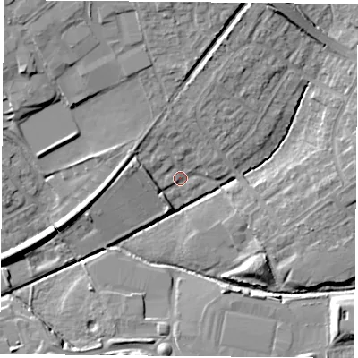 Shaded relief map of the ground around OX46EY, computed from Environment Agency LiDAR. The ground here sits at about 61 m above sea level and falls 13 m across the surrounding 800 m. Surface water reaching this point runs off ground lying to the north, 7.6 m higher.