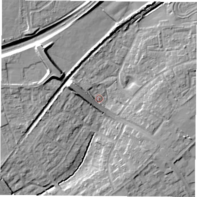 Shaded relief map of the ground around OX46HH, computed from Environment Agency LiDAR. The ground here sits at about 63 m above sea level and falls 14 m across the surrounding 800 m. Surface water reaching this point runs off ground lying to the west-north-west, 6.0 m higher.