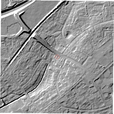 Shaded relief map of the ground around OX46HP, computed from Environment Agency LiDAR. The ground here sits at about 63 m above sea level and falls 15 m across the surrounding 800 m. Surface water reaching this point runs off ground lying to the north-west, 8.5 m higher.