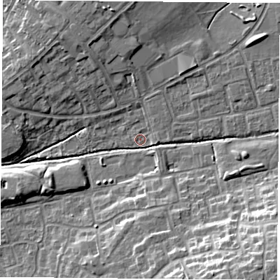 Shaded relief map of the ground around OX46JD, computed from Environment Agency LiDAR. The ground here sits at about 61 m above sea level and falls 15 m across the surrounding 800 m. Surface water reaching this point runs off ground lying to the south-east, 14.0 m higher.