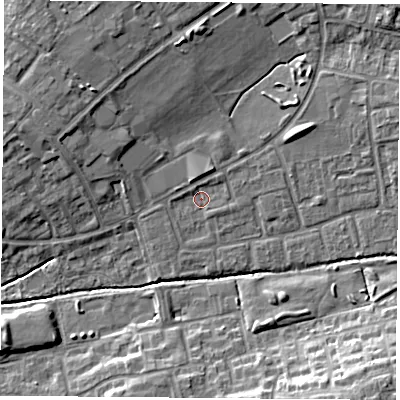 Shaded relief map of the ground around OX46JG, computed from Environment Agency LiDAR. The ground here sits at about 62 m above sea level and falls 12 m across the surrounding 800 m. Surface water reaching this point runs off ground lying to the north-east, 1.0 m higher.