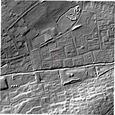 Shaded relief map of the ground around OX46PA, computed from Environment Agency LiDAR. The ground here sits at about 62 m above sea level and falls 13 m across the surrounding 800 m. Surface water reaching this point runs off ground lying to the north-north-west, 1.0 m higher.