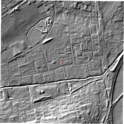 Shaded relief map of the ground around OX46PB, computed from Environment Agency LiDAR. The ground here sits at about 62 m above sea level and falls 11 m across the surrounding 800 m. Surface water reaching this point runs off ground lying to the north-east, 1.0 m higher.