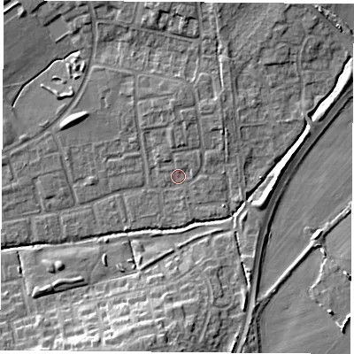 Shaded relief map of the ground around OX46PD, computed from Environment Agency LiDAR. The ground here sits at about 63 m above sea level and falls 11 m across the surrounding 800 m. Surface water reaching this point runs off ground lying to the north-east, 2.6 m higher.