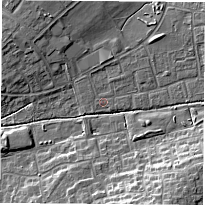 Shaded relief map of the ground around OX46PH, computed from Environment Agency LiDAR. The ground here sits at about 62 m above sea level and falls 15 m across the surrounding 800 m. Surface water reaching this point runs off ground lying to the north-west, 0.9 m higher.