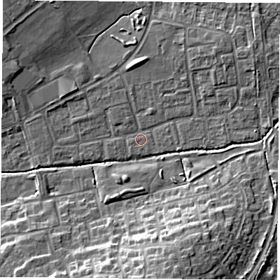 Shaded relief map of the ground around OX46PJ, computed from Environment Agency LiDAR. The ground here sits at about 62 m above sea level and falls 13 m across the surrounding 800 m. Surface water reaching this point runs off ground lying to the east-north-east, 3.7 m higher.