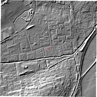 Shaded relief map of the ground around OX46PL, computed from Environment Agency LiDAR. The ground here sits at about 63 m above sea level and falls 11 m across the surrounding 800 m. Surface water reaching this point runs off ground lying to the north-east, 3.3 m higher.