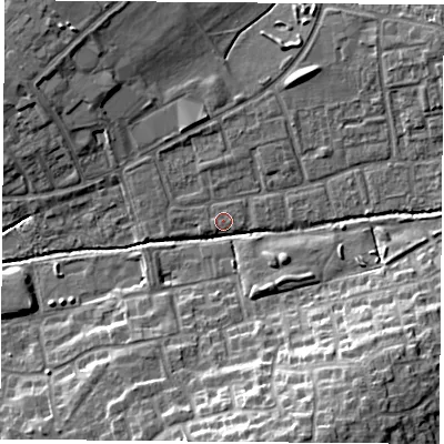 Shaded relief map of the ground around OX46PT, computed from Environment Agency LiDAR. The ground here sits at about 62 m above sea level and falls 14 m across the surrounding 800 m. Surface water reaching this point runs off ground lying to the south-south-east, 13.0 m higher.