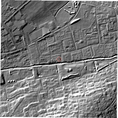 Shaded relief map of the ground around OX46PU, computed from Environment Agency LiDAR. The ground here sits at about 62 m above sea level and falls 14 m across the surrounding 800 m. Surface water reaching this point runs off ground lying to the north-east, 3.7 m higher.