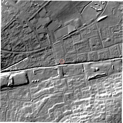 Shaded relief map of the ground around OX46PW, computed from Environment Agency LiDAR. The ground here sits at about 62 m above sea level and falls 15 m across the surrounding 800 m. Surface water reaching this point runs off ground lying to the south-south-east, 13.6 m higher.