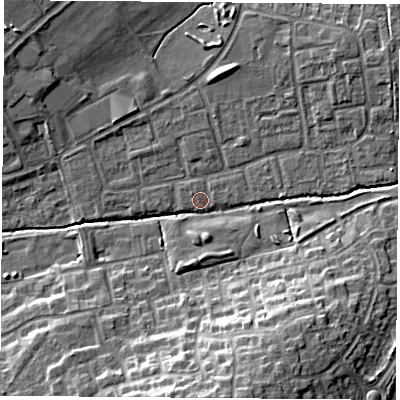 Shaded relief map of the ground around OX46PX, computed from Environment Agency LiDAR. The ground here sits at about 62 m above sea level and falls 14 m across the surrounding 800 m. Surface water reaching this point runs off ground lying to the north-west, 0.7 m higher.
