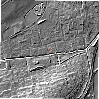 Shaded relief map of the ground around OX46QD, computed from Environment Agency LiDAR. The ground here sits at about 62 m above sea level and falls 13 m across the surrounding 800 m. Surface water reaching this point runs off ground lying to the east, 0.7 m higher.