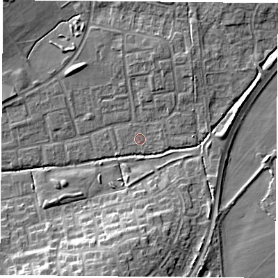 Shaded relief map of the ground around OX46QF, computed from Environment Agency LiDAR. The ground here sits at about 62 m above sea level and falls 12 m across the surrounding 800 m. Surface water reaching this point runs off ground lying to the east-north-east, 1.1 m higher.