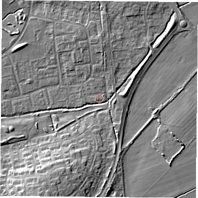 Shaded relief map of the ground around OX46QQ, computed from Environment Agency LiDAR. The ground here sits at about 64 m above sea level and falls 12 m across the surrounding 800 m. Surface water reaching this point runs off ground lying to the south-south-west, 8.0 m higher.
