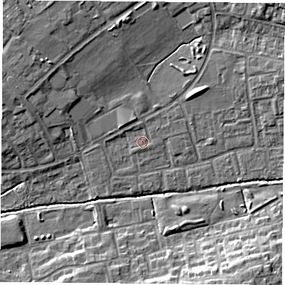Shaded relief map of the ground around OX46RA, computed from Environment Agency LiDAR. The ground here sits at about 62 m above sea level and falls 12 m across the surrounding 800 m. Surface water reaching this point runs off ground lying to the north, 0.8 m higher.