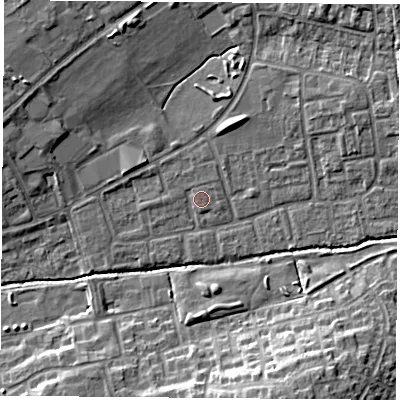 Shaded relief map of the ground around OX46RB, computed from Environment Agency LiDAR. The ground here sits at about 62 m above sea level and falls 12 m across the surrounding 800 m. Surface water reaching this point runs off ground lying to the north-west, 0.8 m higher.