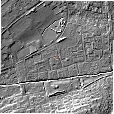 Shaded relief map of the ground around OX46RD, computed from Environment Agency LiDAR. The ground here sits at about 62 m above sea level and falls 11 m across the surrounding 800 m. Surface water reaching this point runs off ground lying to the north-east, 5.2 m higher.