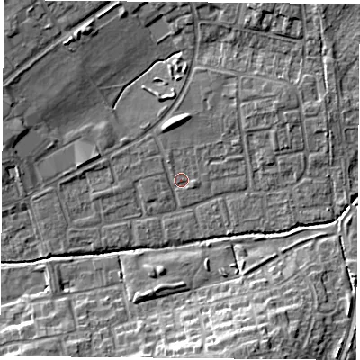 Shaded relief map of the ground around OX46RE, computed from Environment Agency LiDAR. The ground here sits at about 62 m above sea level and falls 12 m across the surrounding 800 m. Surface water reaching this point runs off ground lying to the north-east, 5.1 m higher.