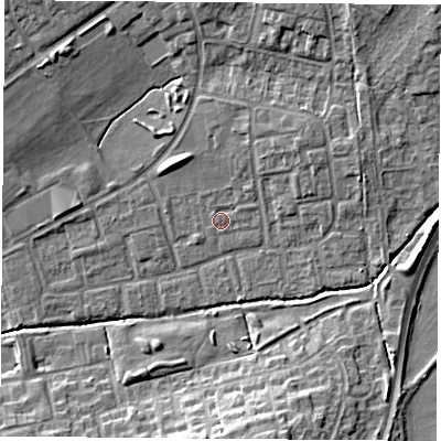 Shaded relief map of the ground around OX46RF, computed from Environment Agency LiDAR. The ground here sits at about 63 m above sea level and falls 11 m across the surrounding 800 m. Surface water reaching this point runs off ground lying to the north-east, 3.2 m higher.