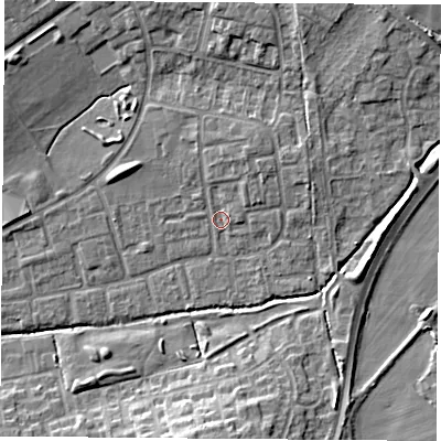 Shaded relief map of the ground around OX46RH, computed from Environment Agency LiDAR. The ground here sits at about 63 m above sea level and falls 9 m across the surrounding 800 m. Surface water reaching this point runs off ground lying to the north-north-east, 2.5 m higher.
